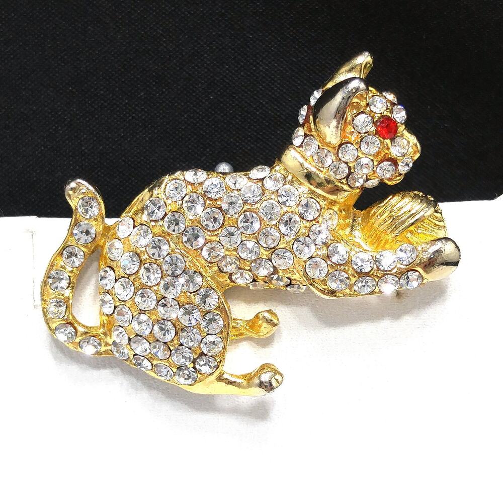 Vintage Cat Brooch Rhinestone Pave Kitten Playing Yarn Gold Tone